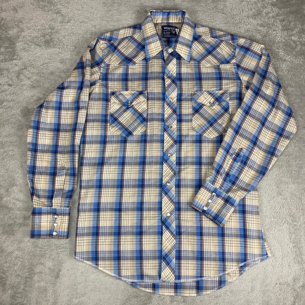 Vintage‎ Wrangler Cowboy Cut Shirt Plaid Western Pearl Snap Long Tails 16 x 34